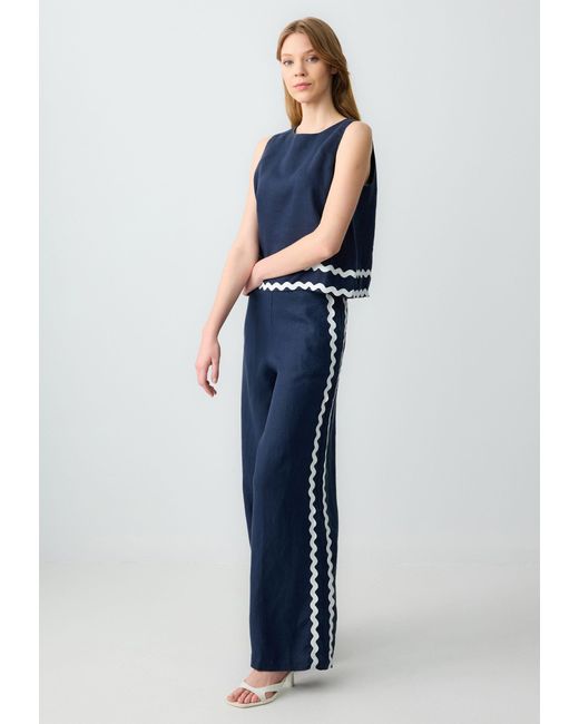 Jimmy Key Blue Gemusterte Leinenhose mit hoher Taille weitem Bein und entspannter