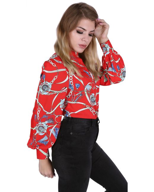 Sarcia.eu Red Langarmhemd Rotes hemd Stehkragen mit modernem Ketten-Muster JOHN ZACK M