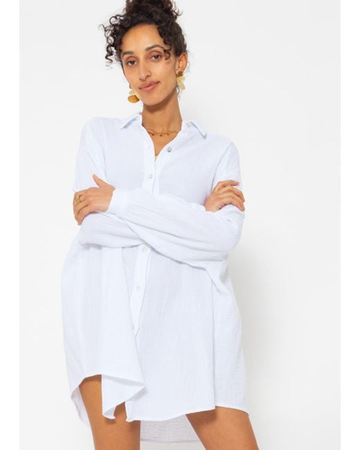 SassyClassy White Longbluse Oversize Musselin Bluse Langarm Elegant Hemdbluse)