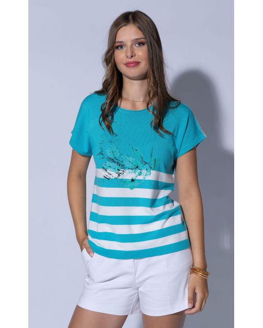 Passioni Blue Lässiges T-Shirt mit Blätter Print und ßen Weiße Streifen, Glitzerstreifen am Ärmel