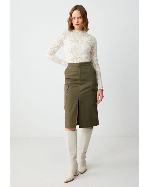 Jimmy Key Natural Shirtbluse Strickbluse Mit Zero-Hals-Ausschnitt Schmaler Passform Und Lochmus