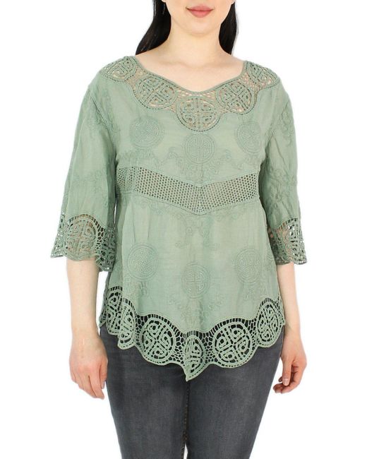 dy_mode Green Tunika 3/4 Arm Spitze – Leichte Baumwoll Bluse für Sommer mit Häkel-Einsätzen