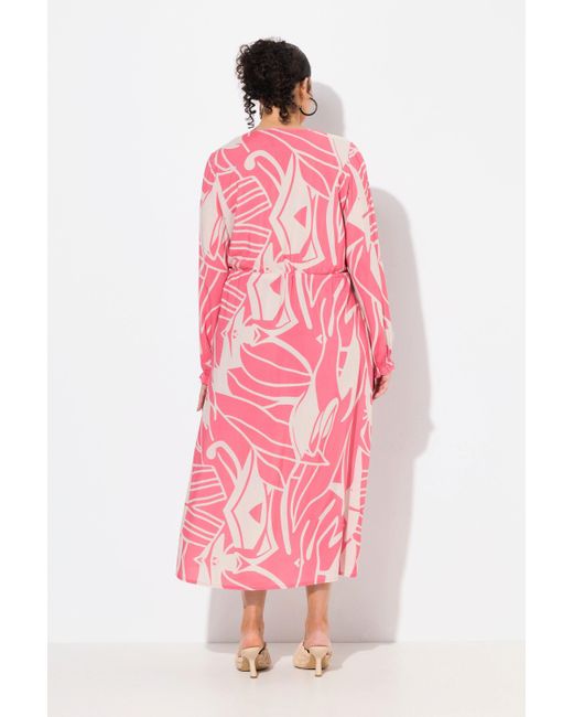 Ulla Popken Pink Maxikleid A-Linie V-Ausschnitt Langarm