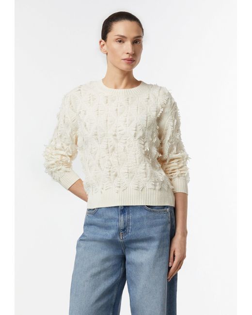 Comma, White Longpullover Strickpullover Jacquard-Pullover mit Fransen
