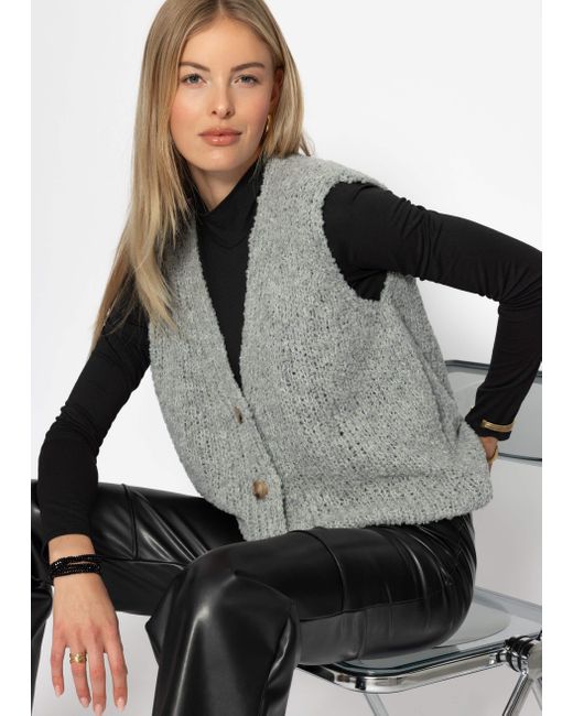 SassyClassy Gray Kurzweste Oversize Strickweste mit Knöpfe Elegant Lässigere Weste aus Grobstrick Khaki Hellgrau