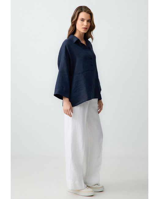 Jimmy Key Blue Strickhose Relaxed Fit Hoge Taille Broek met Wijde Pijpen en Kanten