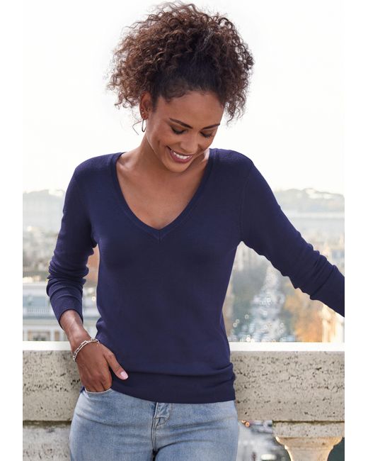 vivance active Blue V-Ausschnitt-Pullover in taillierter Form, weicher Strickpullover, Basic, klassisch