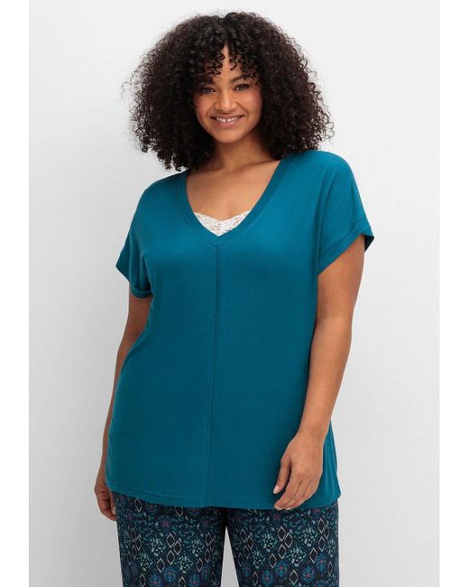 Sheego Blue T-Shirt Große Größen mit V-Ausschnitt und Zierpaspel vorn