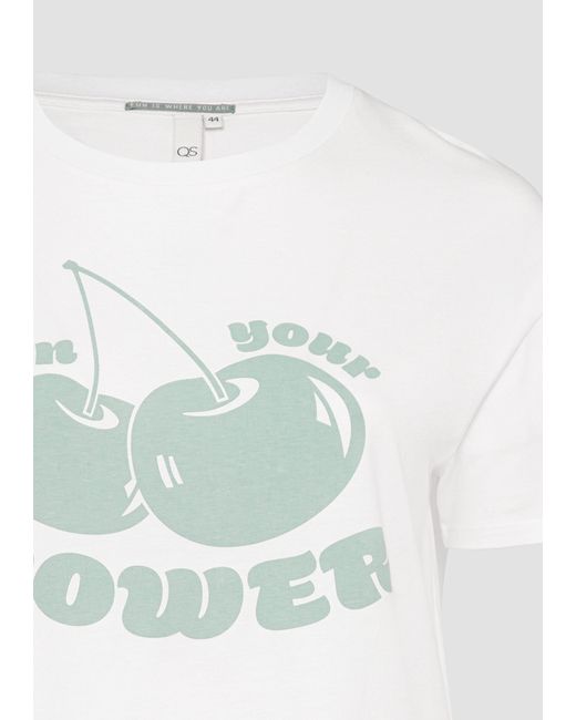 QS White Kurzarmshirt Printshirt mit überschnittener Schulter Rippblende