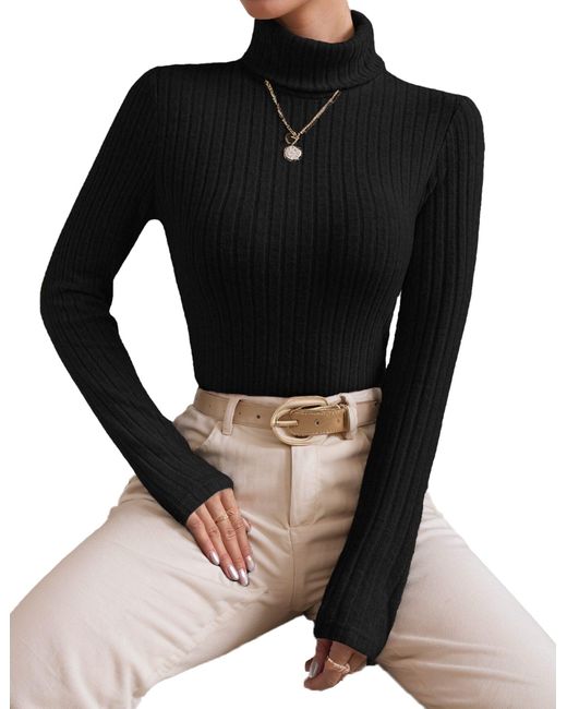 LUCKZON Black Rollkragenpullover Rollkragen Langarmshirts mit Rippenmuster