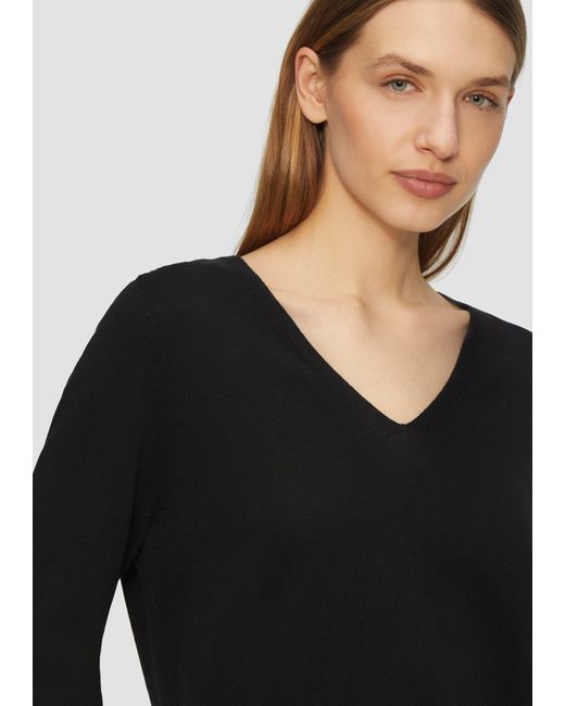 S.oliver Black Strickpullover Feinstrickpullover mit V-Ausschnitt und Rollkante am Saum