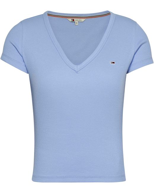Essential Logostickerei | Hilfiger T-Shirt Lyst Rib Blau DE mit Slim in Tommy Rippshirt V-Neck