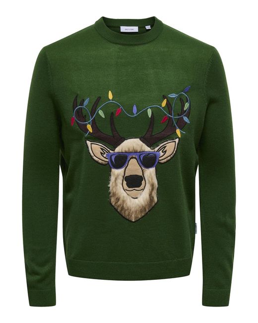 Only & Sons Pullover XMAS APLICATION Strickpullover R-Neck (1-tlg) in Green für Herren