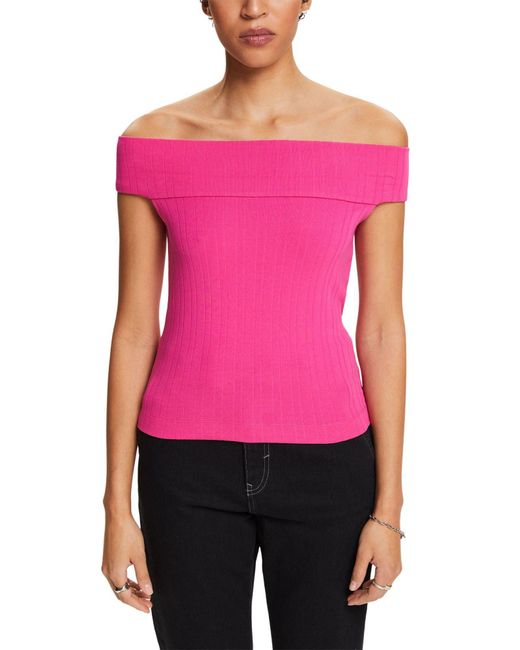Esprit Pink Geripptes, schulterfreies T-Shirt (1-tlg)