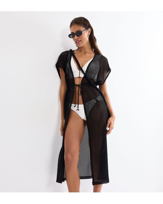 Triumph Black Beach MyWear Crochet Kimono, Midilänge, Microfaser, Tunnelgürtel, weiches Häkeldesign