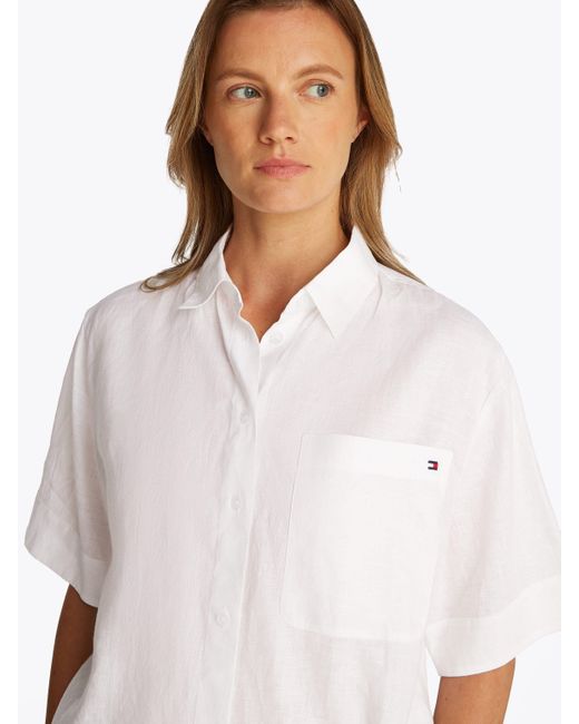 Tommy Hilfiger White Kurzarmshirt ESS LINEN RELAXED /S SHIRT mit Brusttasche