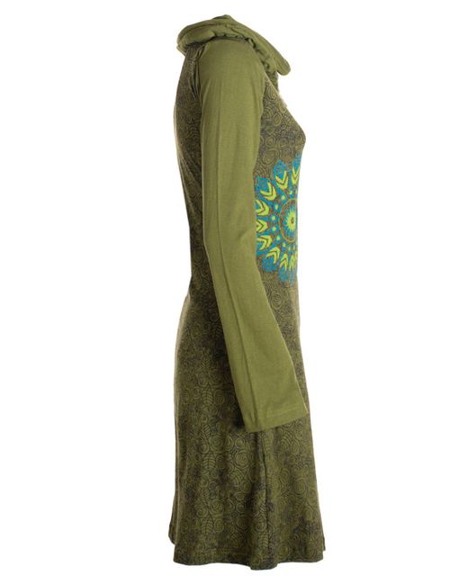 Vishes Green Tunikakleid Mandala-Kleid Langarm-Shirtkleid Schal-Kragen Baumwollkleid Alternative Bekleidung
