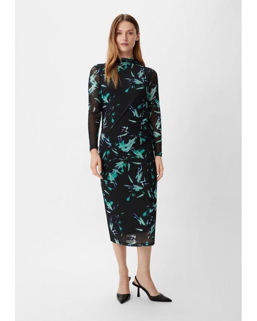 Comma, Blue Shirtkleid Midikleid (1-tlg) Mesh-Kleid, All-Over-Print, transparent, langarm, Stehkragen