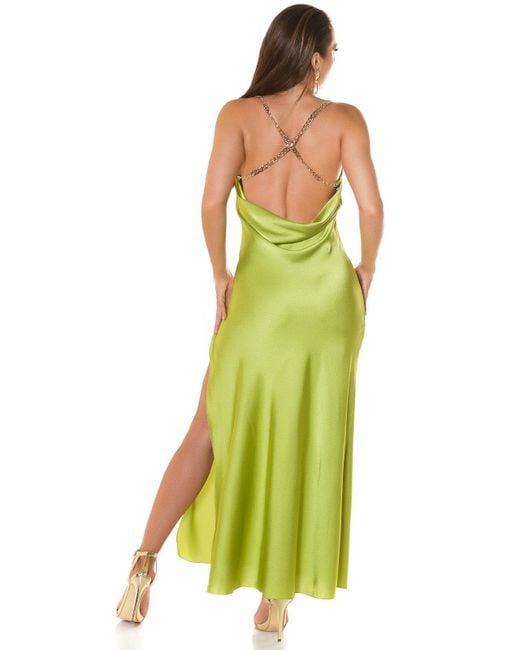 Koucla Green Partykleid Satin Maxi Kleid grün Rückenfrei mit gold Kette Trägern