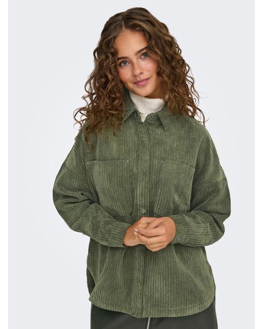 ONLY Green Blouson Coole Lockere Cordjacke mit Knopfleiste Übergangsjacke ONLJANINE-RAI LS OVS CORD SHACKET PNT