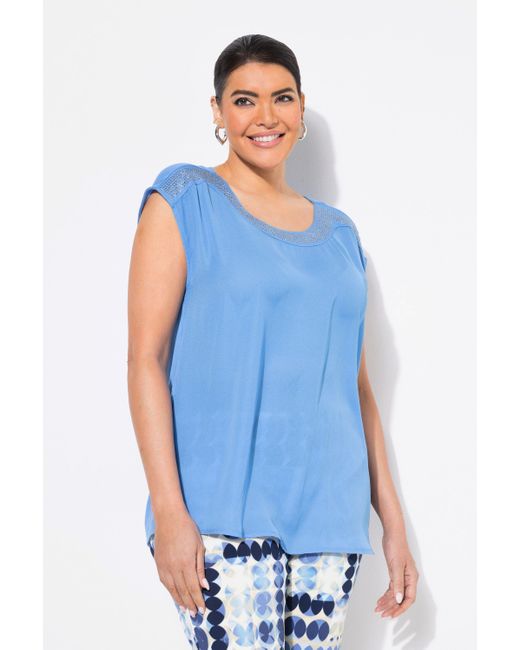 Ulla Popken Blue T- Shirt Ziersteine Rundhals ärmellos Materialmix