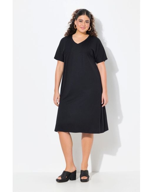 Ulla Popken Blue Jerseykleid Biesen A-Linie V-Ausschnitt Halbarm