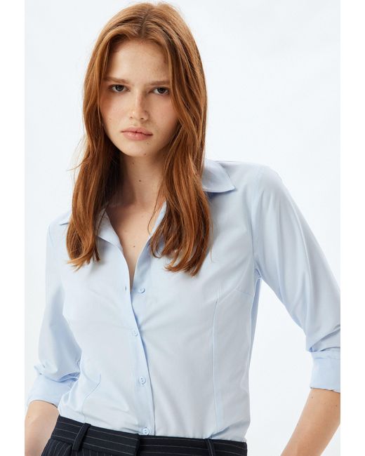 Koton White Langarmshirt Hemdkragen Langärmelig