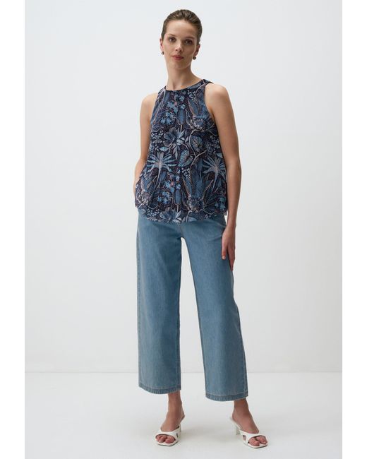 Jimmy Key Blue Blusentop Blumen Gemustert Rundhalsausschnitt Leger Bluse