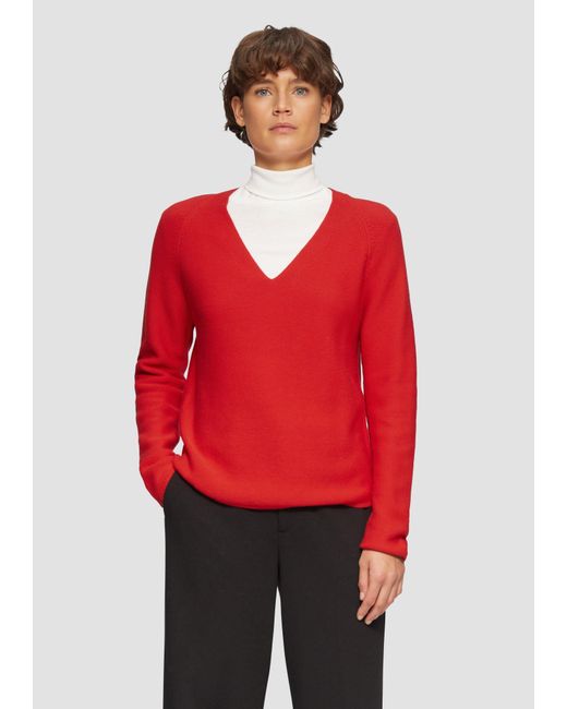 S.oliver Red Gerippter Strickpullover aus Baumwollmix mit V-Ausschnitt