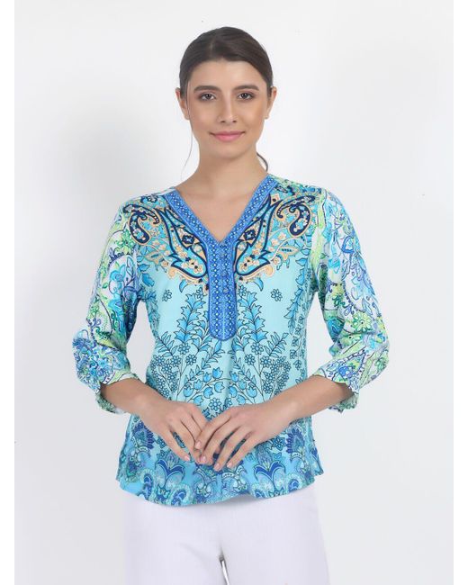 VICCI Germany Blue Langarmbluse V-Ausschnitt mit kurzer Knopfleiste