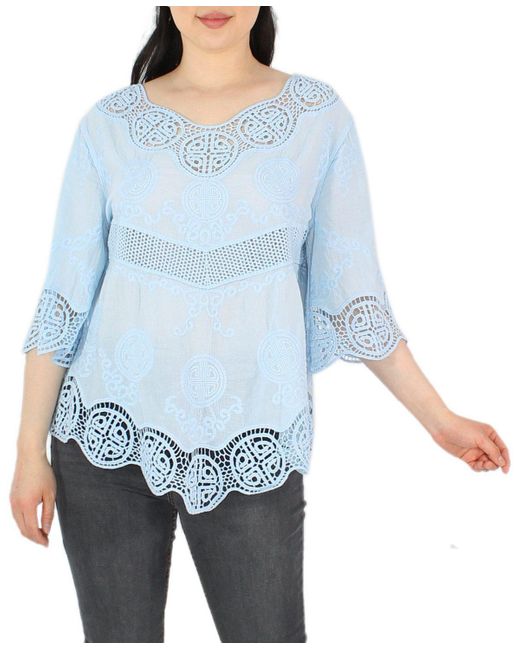 dy_mode Blue Tunika 3/4 Arm Spitze – Leichte Baumwoll Bluse für Sommer mit Häkel-Einsätzen