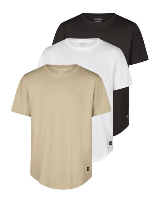 Jack & Jones Tshirt Herren Lang Geschnitten Set 100% Baumwolle Regular Fit Jjenoa 3Er Pack in White für Herren