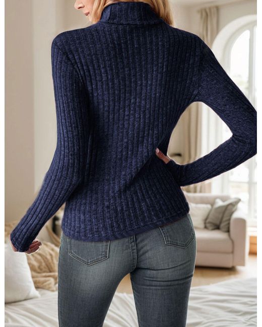 LUCKZON Blue Rollkragenpullover Rollkragen Langarmshirts mit Rippenmuster