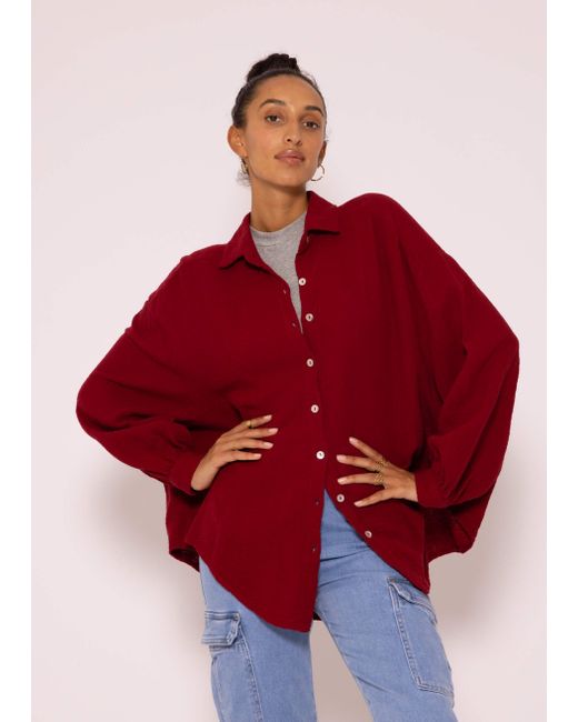 SassyClassy Red Longbluse Oversize Musselin Bluse kurz Langarm Elegant Hemdbluse)