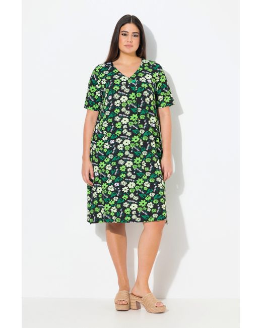 Ulla Popken Green Jerseykleid Blüten A-Linie V-Ausschnitt Halbarm