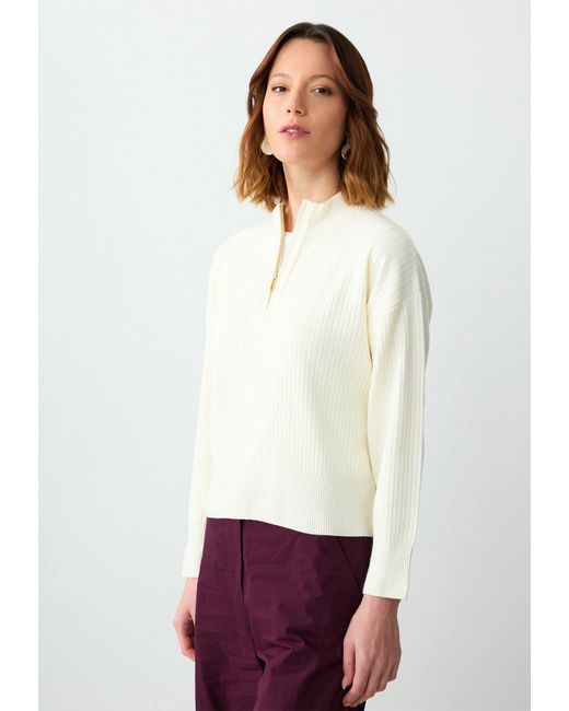 Jimmy Key White Strickpullover Rollkragenpullover mit Reißverschluss und langen Ärmeln