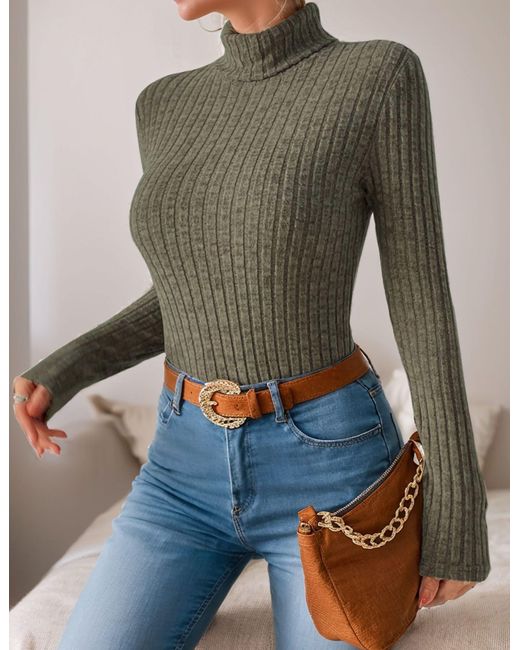 LUCKZON Gray Rollkragenpullover Rollkragen Langarmshirts mit Rippenmuster