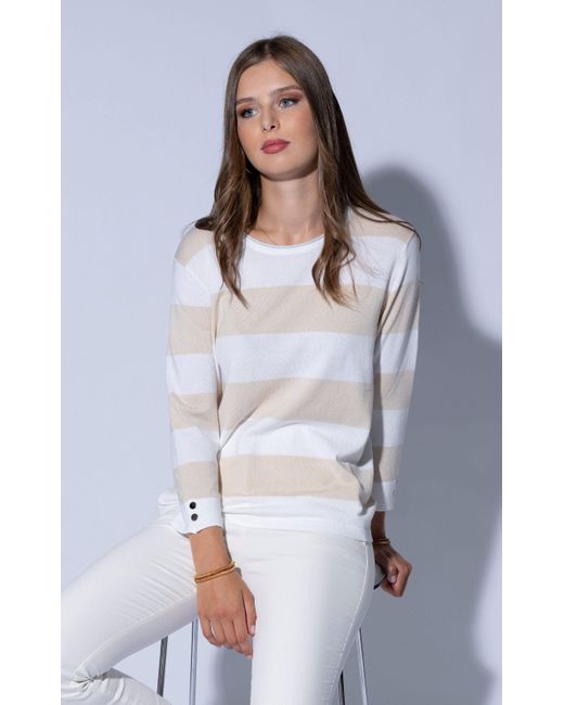 Passioni White Streifenpullover Beige-Weiß gestreifter Pullover mit Rundhalsausschnitt und 7/8 Ärmeln