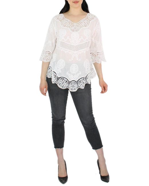 dy_mode White Tunika 3/4 Arm Spitze – Leichte Baumwoll Bluse für Sommer mit Häkel-Einsätzen