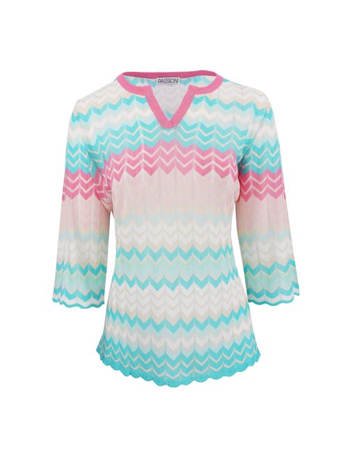 Passioni Blue Strickpullover mit 3/4-Ärmeln im Zig-Zag Strickmuster