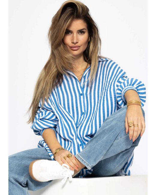 SassyClassy Blue Longbluse Oversize Musselin Bluse Langarm Elegant Hemdbluse)