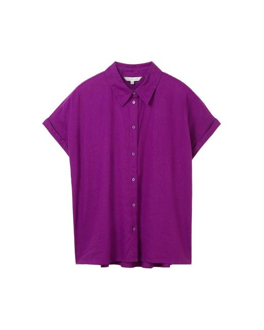 Tom Tailor Purple Blusenshirt shortsleeve blouse with linen, dark orchid