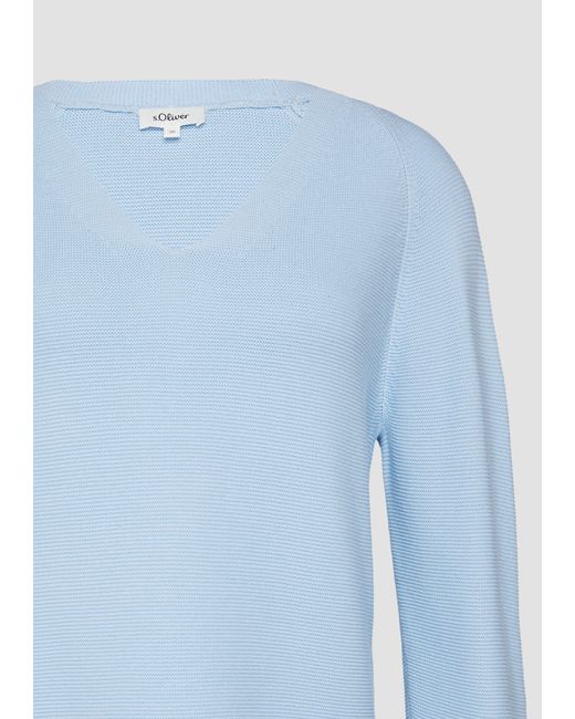 S.oliver Blue Gerippter Strickpullover aus Baumwollmix mit V-Ausschnitt