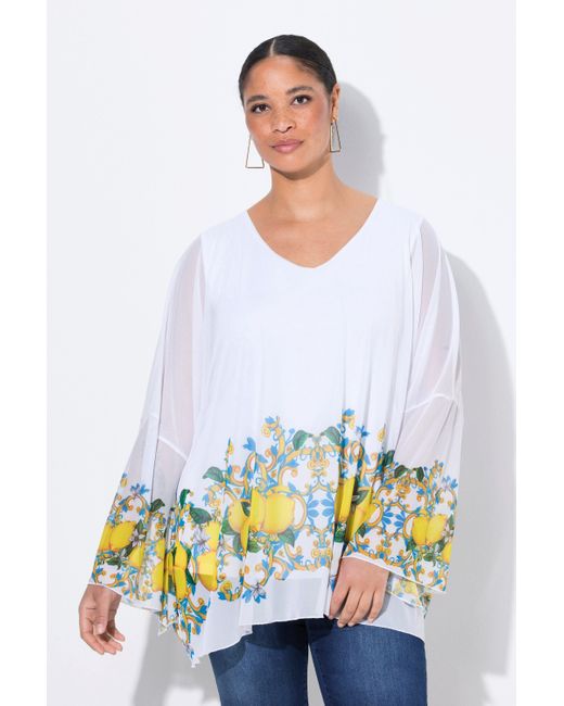 MIAMODA White Druckbluse Meshbluse oversized Zitronen-Bordüre