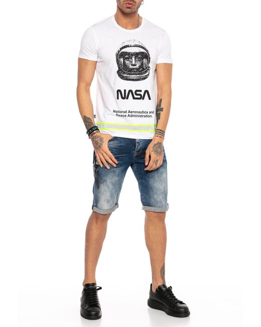 Redbridge T-Shirt NASA – Astronauten-Print, Retro-Look, Regular Fit in White für Herren