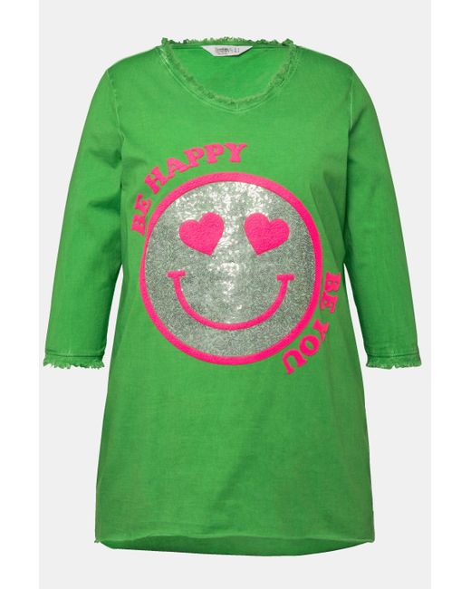 Angel of Style Green Longshirt T-Shirt A-Linie Pailletten-Smiley V-Ausschnitt