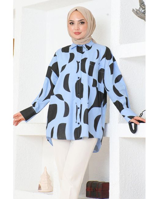 Moda Mihram Blue Tunikakleid Detailliertes gemustertes Tunika