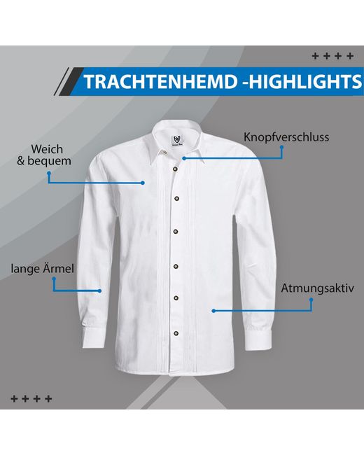 German Wear GW1264-L-Kentkragen Trachtenhemd Businesshemd 2x5 Biesen Hemd Langarm Baumwolle in White für Herren