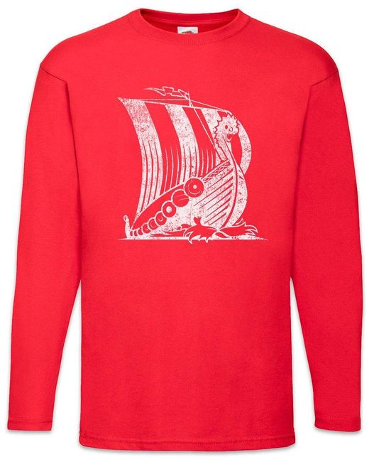 Urban Backwoods Langarmshirt Viking Ship V Langarm T-Shirt Boot Drachenboot Wikinger Schädel Runen in Red für Herren