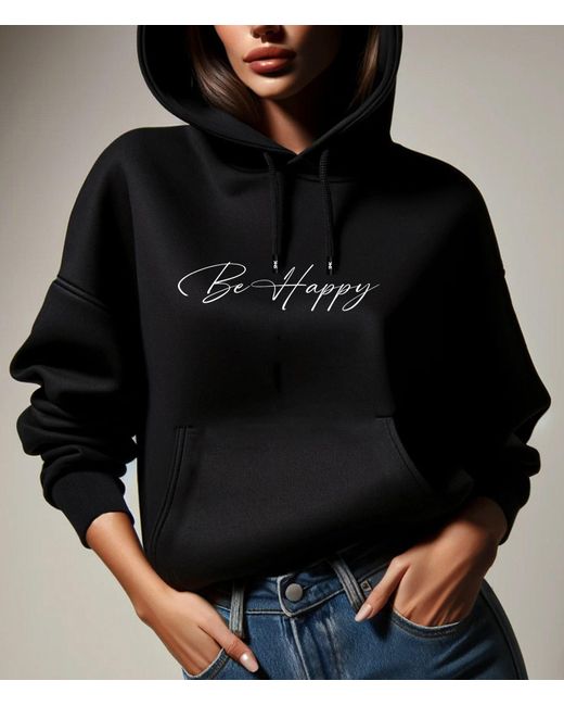 Rmk Black Hoodie Kapuzenpullover Pullover Loose Fit Oversize Be Happy Glücklich mit Kapuze